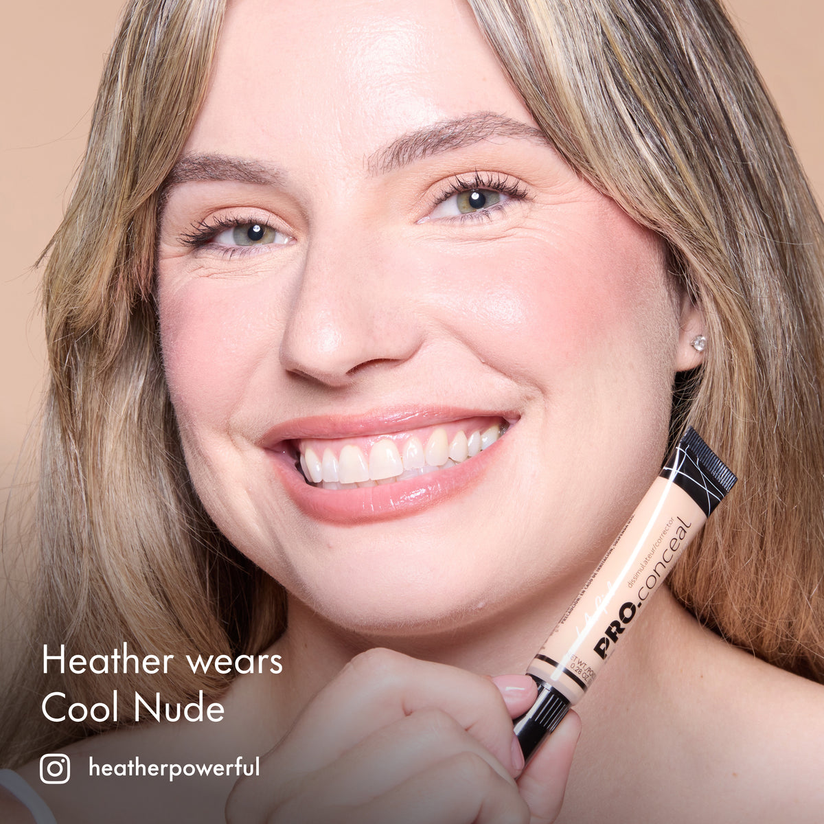Heather wearing HD PRO.Conceal Cool Nude and holding the tube beneath her chin.