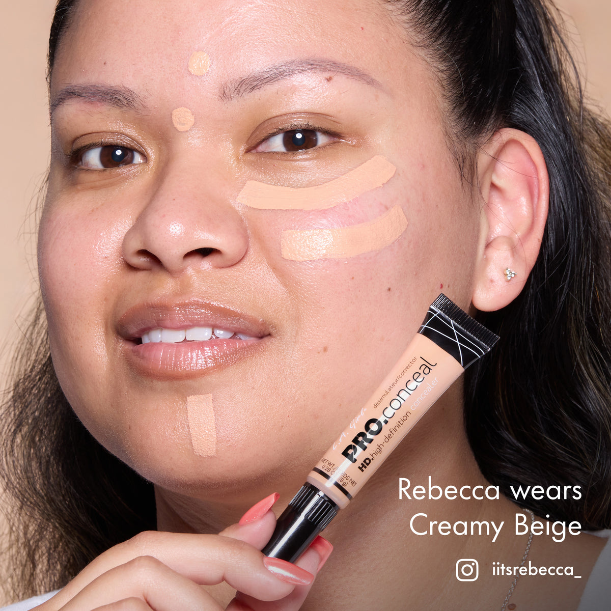 Rebecca with HD PRO.Conceal Creamy Beige applied beneath her eyes and on her forehead and chin.