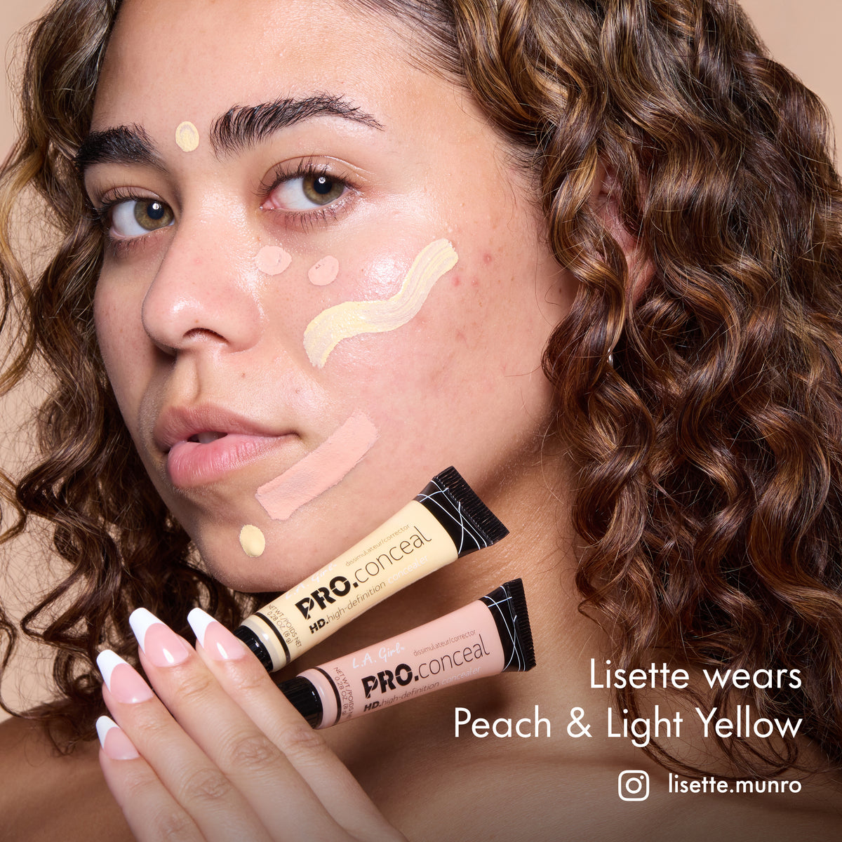 Lisette with HD PRO.Conceal Peach and Light Yellow dotted and striped across her face, holding both tubes.