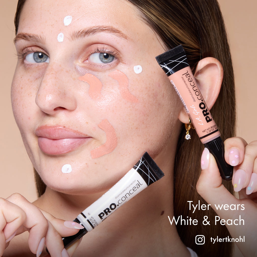 Tyler with HD PRO.Conceal White and Peach dotted and striped across her face, holding both tubes.