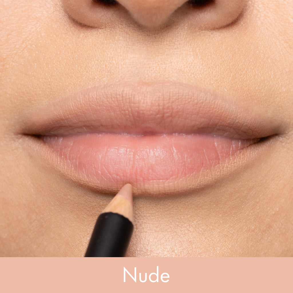 Lipstick application with a pencil on lips, labeled 'Nude'.