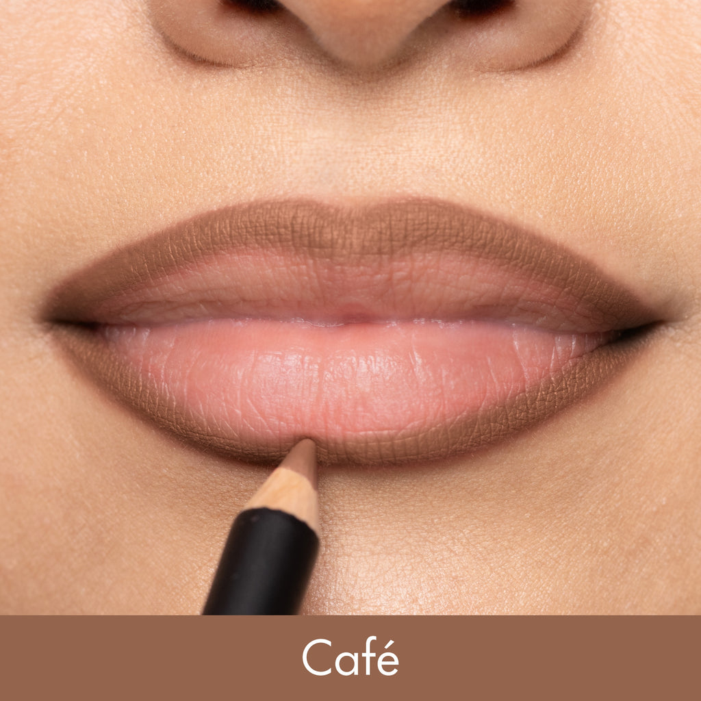 Lipstick being applied to lips with 'Café' color swatch