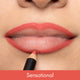 Close-up of a woman's lips with a pink lipstick and pencil, labeled 'Sensational'.