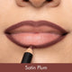 Lipstick being applied to lips with 'Satin Plum' color swatch