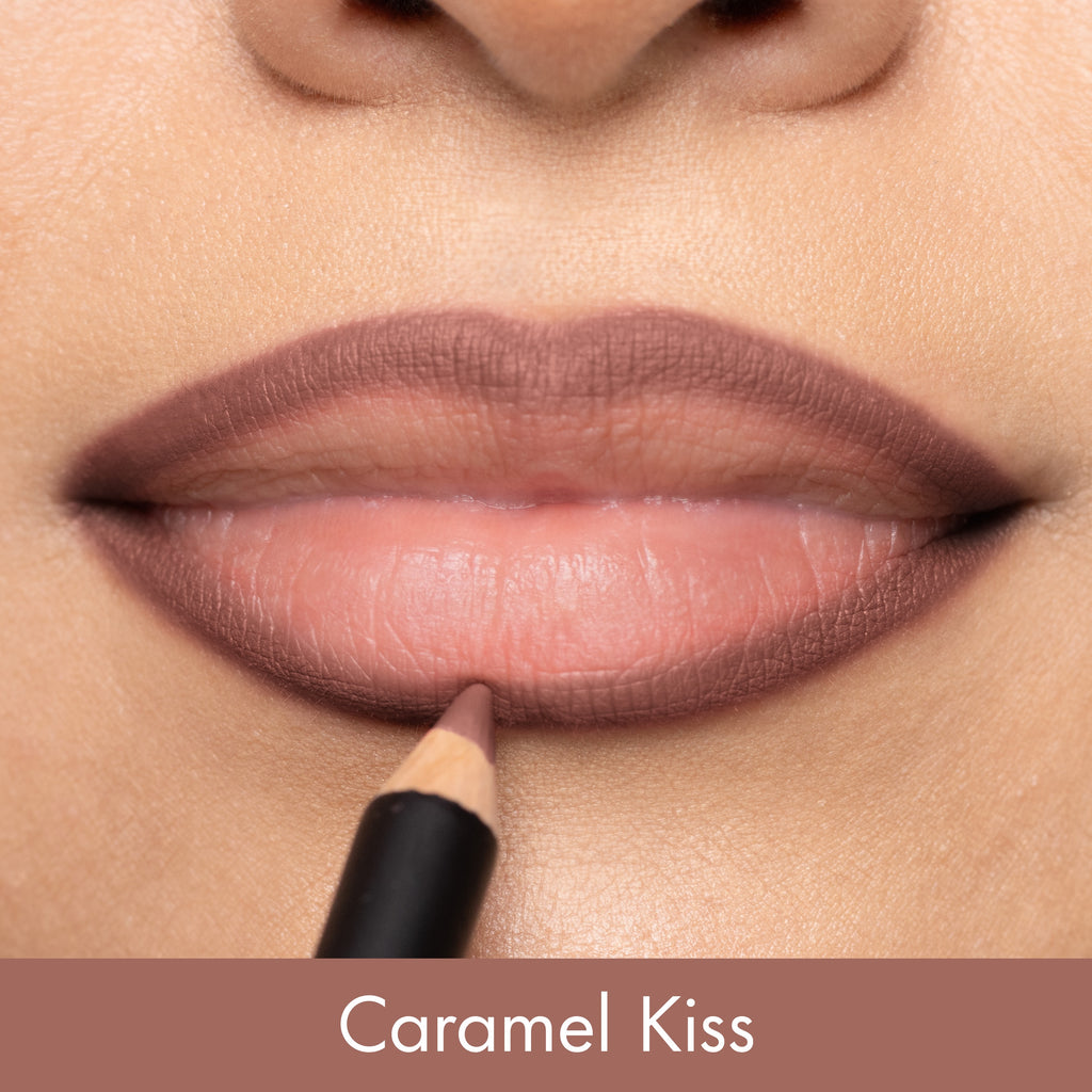Lipstick being applied to lips with 'Caramel Kiss' color swatch