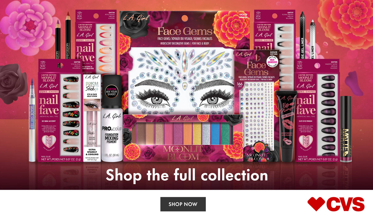 Shop the full L.A. Girl Moonlit Bloom Collection at CVS — eyeshadow palette, face gems, nail fave nail tips, liners, glosses and more