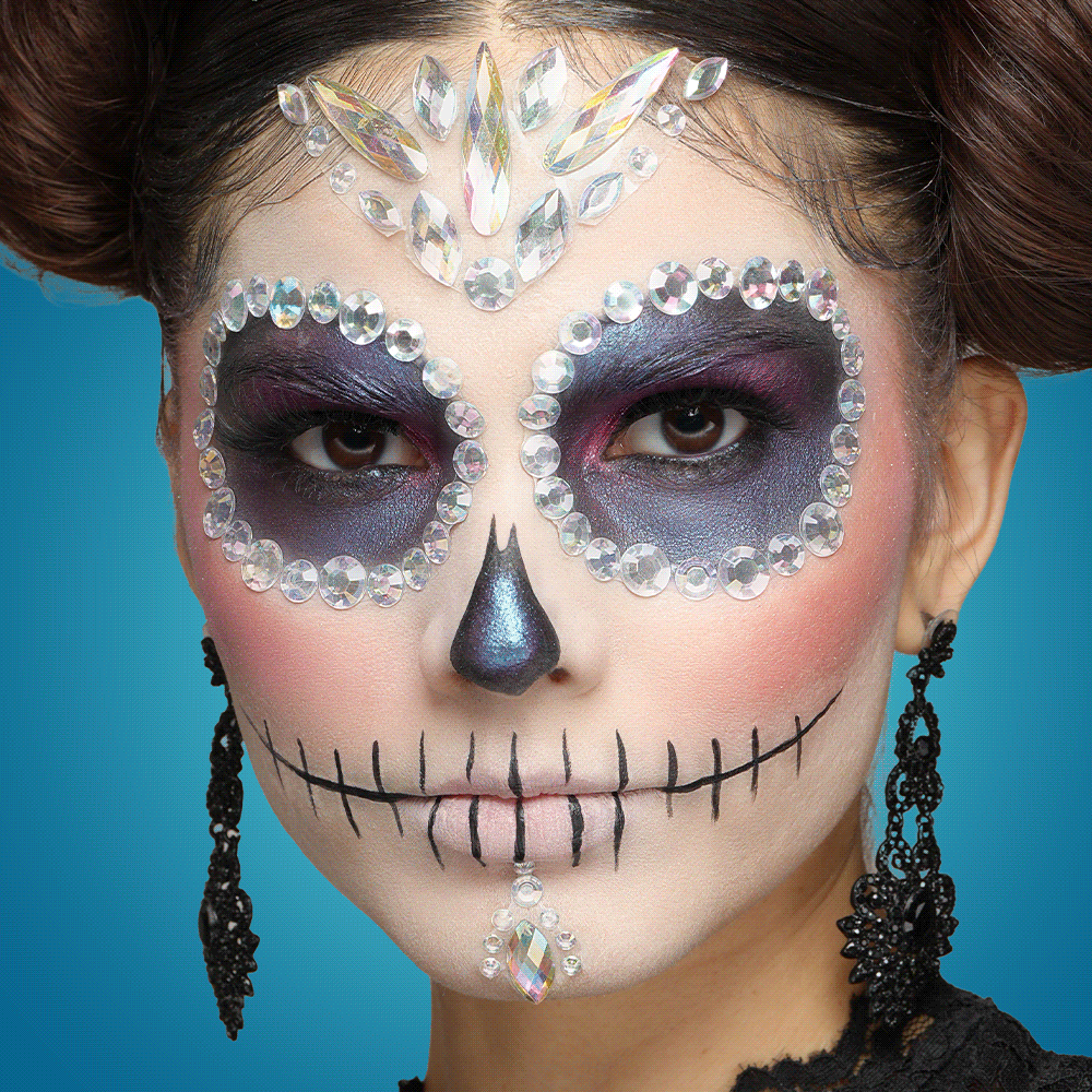 Model in Moonlit Bloom sugar-skull makeup wearing Moonlit Bloom Face Gems