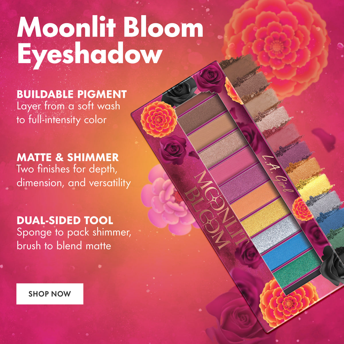 Moonlit Bloom Eyeshadow — buildable pigment, matte and shimmer finishes, dual-sided tool. Shop now.