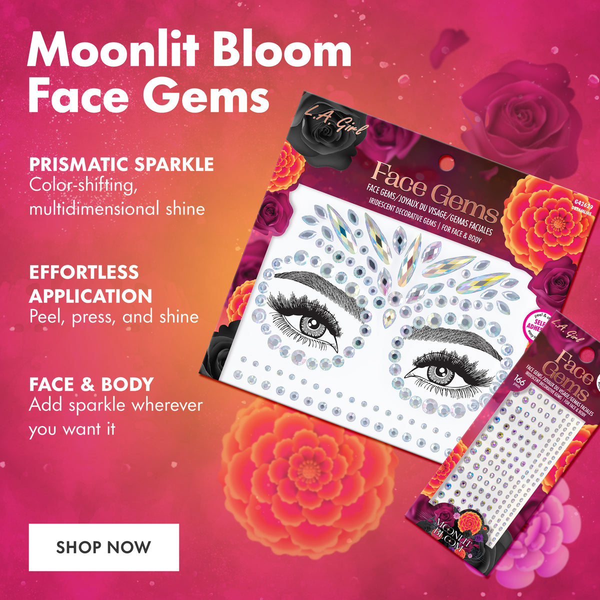 Moonlit Bloom Face Gems — prismatic colour-shifting sparkle, peel-and-press application, for face and body. Shop now.