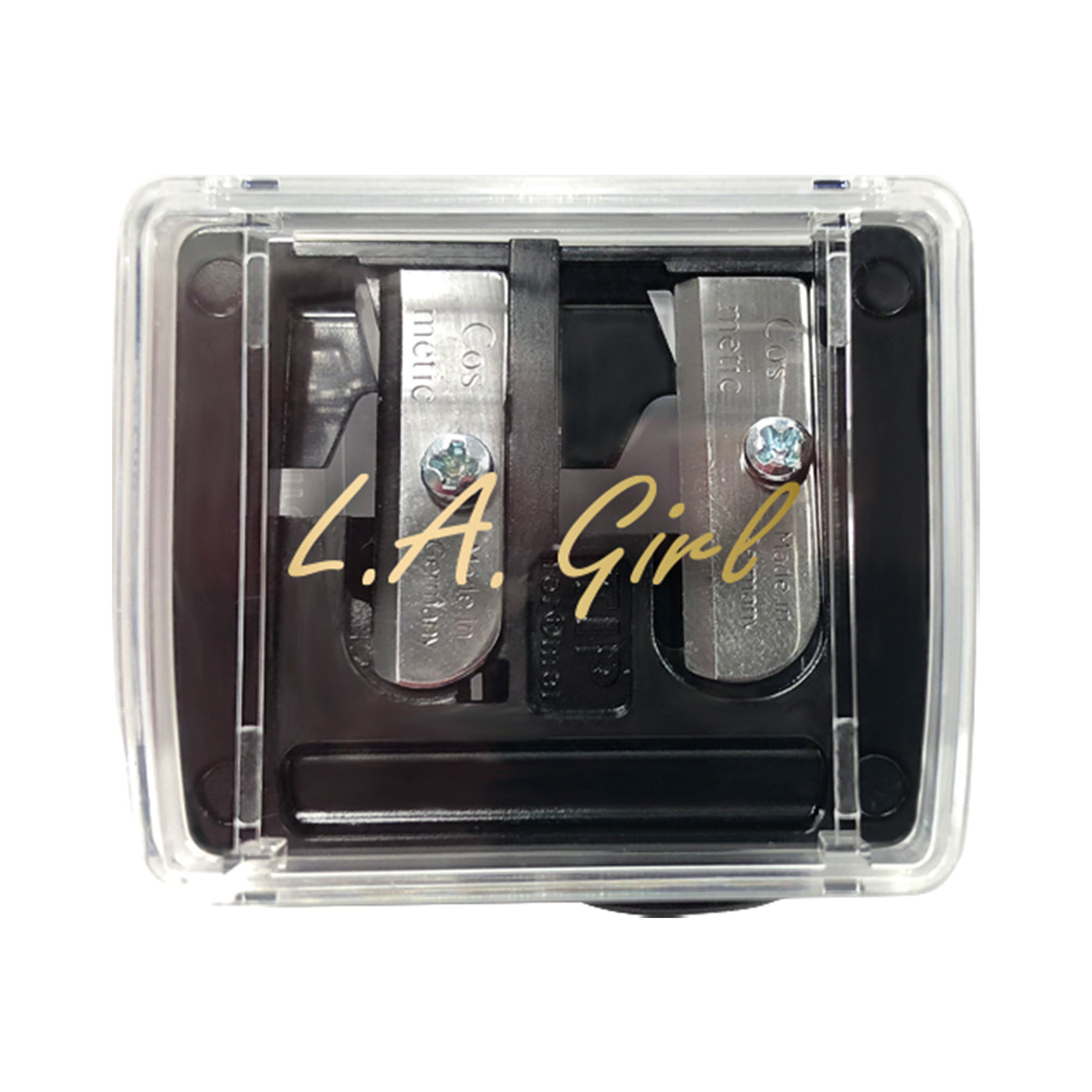 L.A. Girl pencil sharpener with two metal blades on a white background