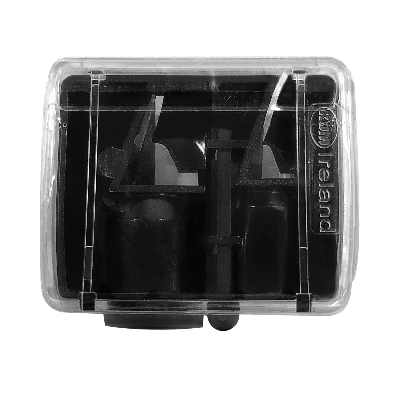 Black ink pad with clear plastic cover on a white background