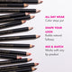 Set of lip pencils with text highlighting features on a white background