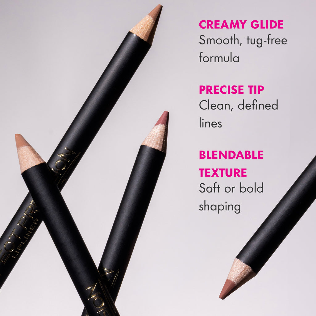 Black makeup pencils with pink tips on a gray background, featuring text about their features.