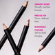 Black makeup pencils with pink tips on a gray background, featuring text about their features.